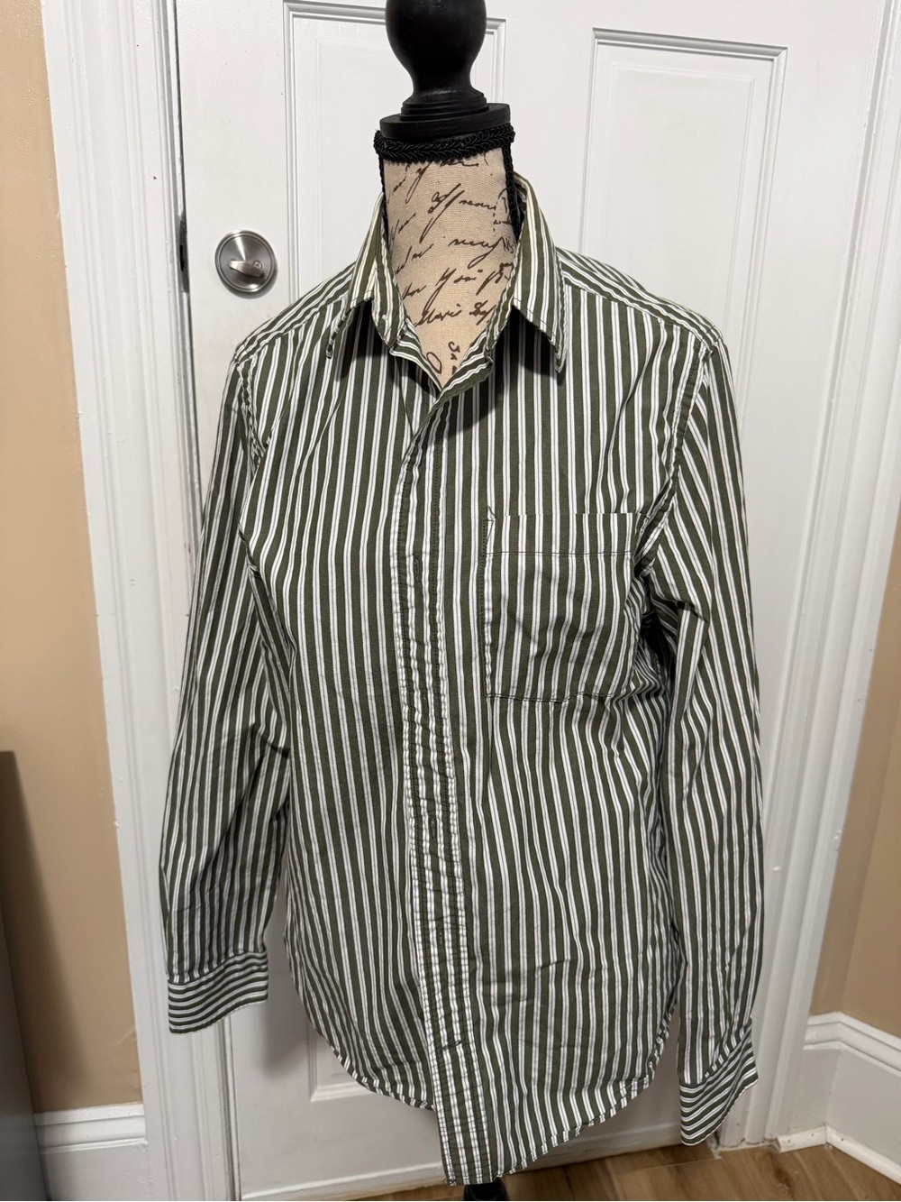 Old Navy Olive and White Vertical Stripe Button-Down Shirt